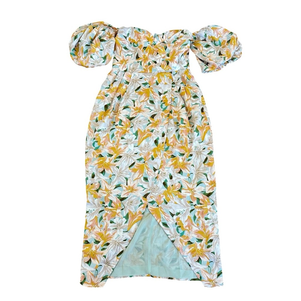 ASTR Floral Strapless Midi Dress Puff Sleeve Sweetheart Slit Yellow Green S - Picture 6 of 16
